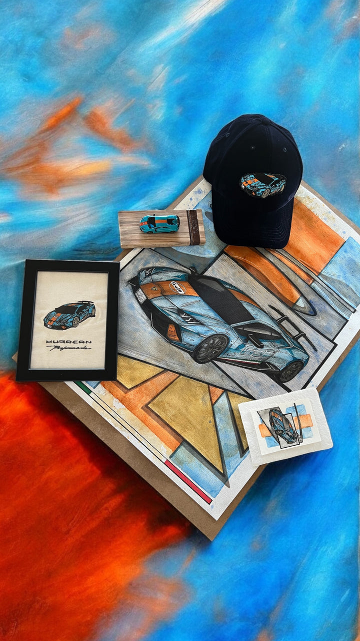 Inspiration from @nidal.a.ismail’s Huracan Performante| Handmade Artwork-Embroidery Artwork, Scaled Down Model and Hat