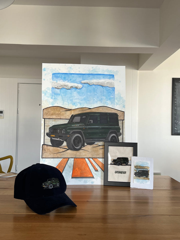 Inspiration from Ineos Grenadier and Bronco Raptor | Handmade Artwork-Embroidery Artwork, Hat and Scaled Down Model