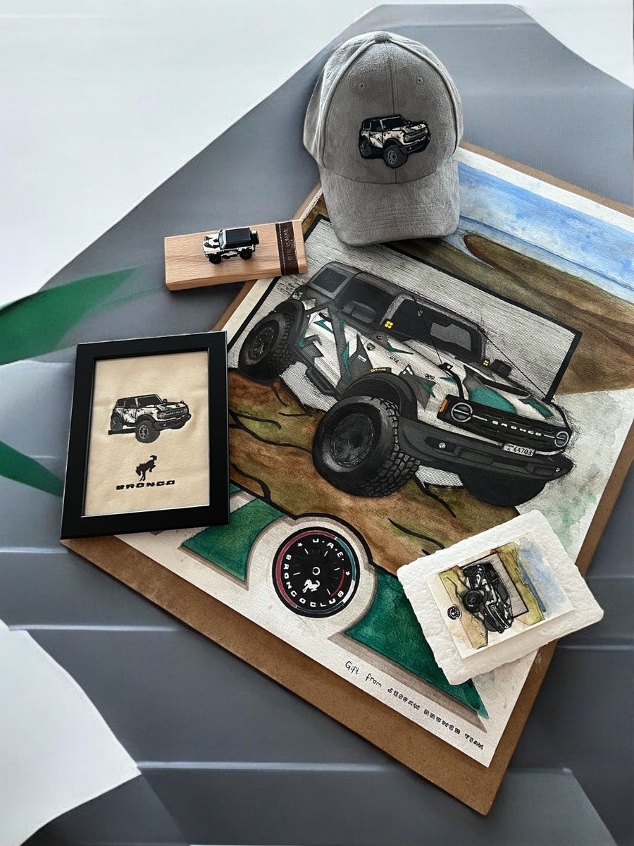 Inspiration from a Bronco from U.A.E. Bronco Club| Handmade Artwork-Embroidery Artwork, Scaled Down Model and Hat