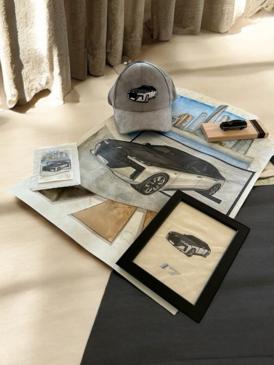 Inspiration from @3bdulla_af’s BMW i7| Handmade Artwork-Embroidery Artwork, Scaled Down Model and Hat